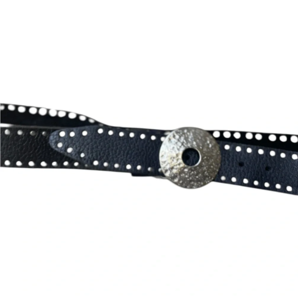 VTG ARTISAN CRAFTED Black Leather Hammered Wheel Double Rivet Leather Belt 32-36 - Picture 7 of 10